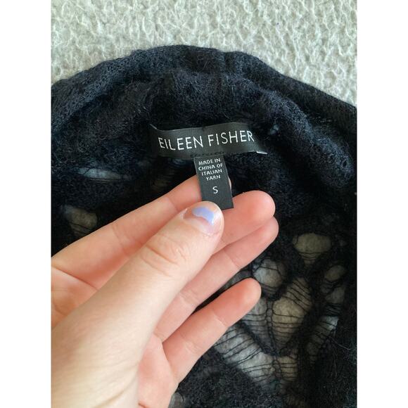 Eileen Fisher Cardigan Small Mohair Wool Open Knit Crochet Sheer Black Classic - Picture 13 of 16